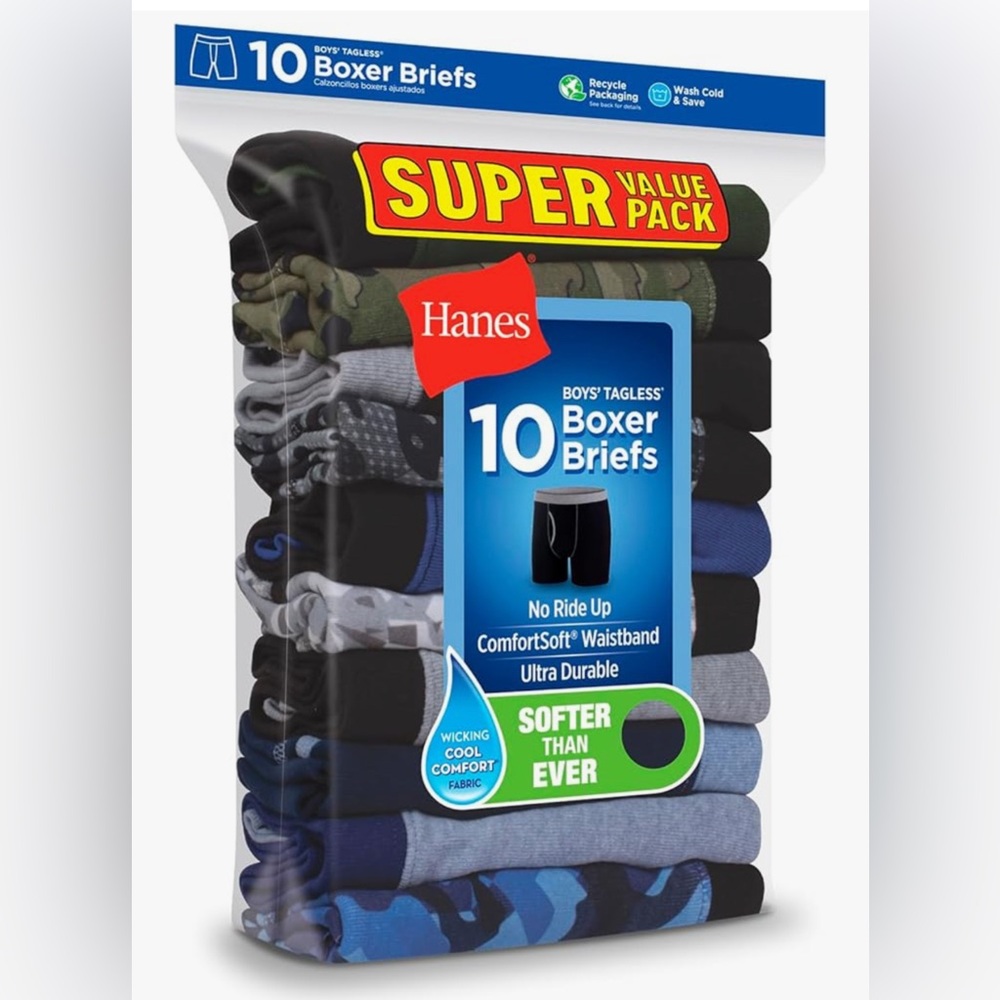 Hanes Boys' Underwear, Comfort Flex Wb Boxer Briefs, 10-pack XL 16-18